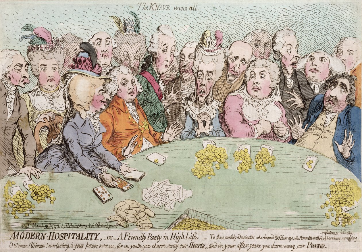 Modern Hospitality, aneb A Friendly Party in High Life, publikovala Hannah Humphrey v roce 1792 (ručně kolorovaný lept) od James Gillray