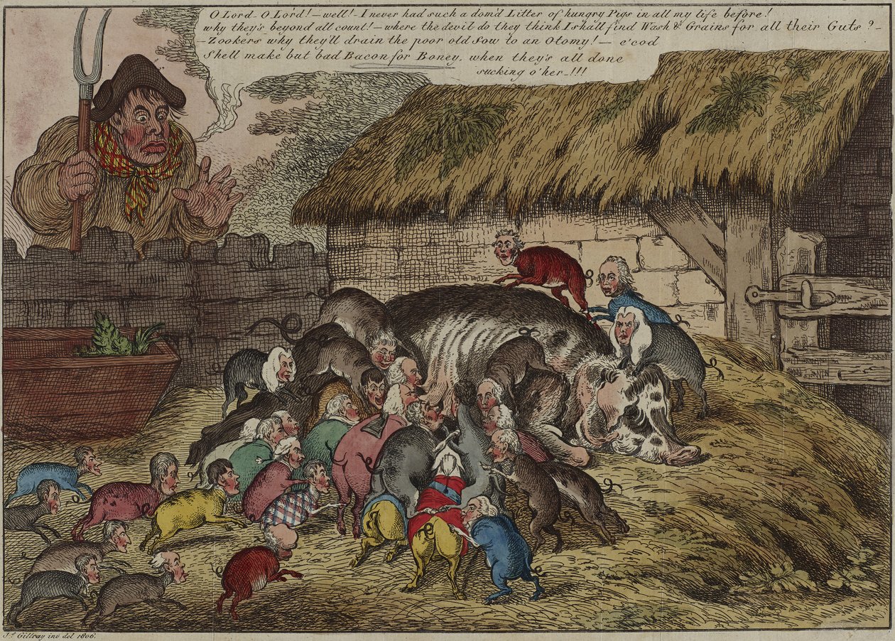 Více prasat než struků aneb – nový vrh hladových bručounů, vysávajících k smrti starou prasnici Johna Bulla, 9. května od James Gillray