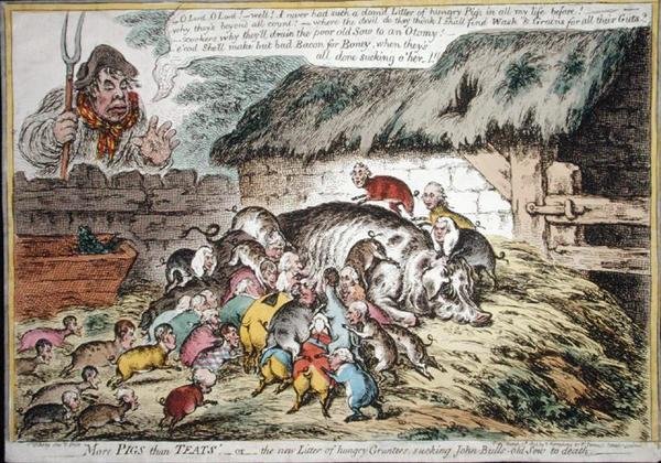 More Pigs than Teats, vydané Hannah Humphrey v roce 1806 (ručně kolorovaný lept) od James Gillray