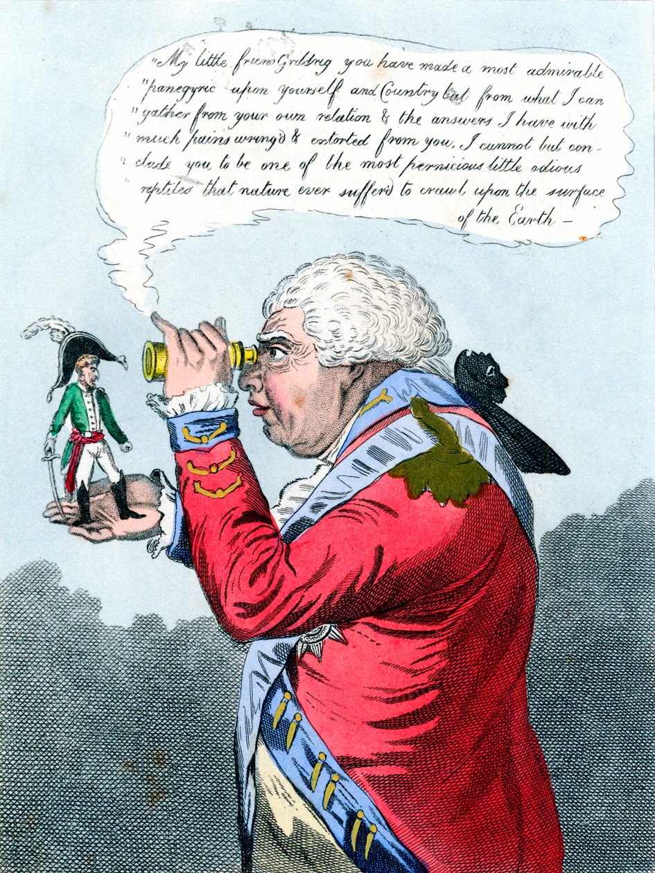 Napoleon a král Jiří III jako Gulliver a král Brobdingnagu, červenec 1803 od James Gillray