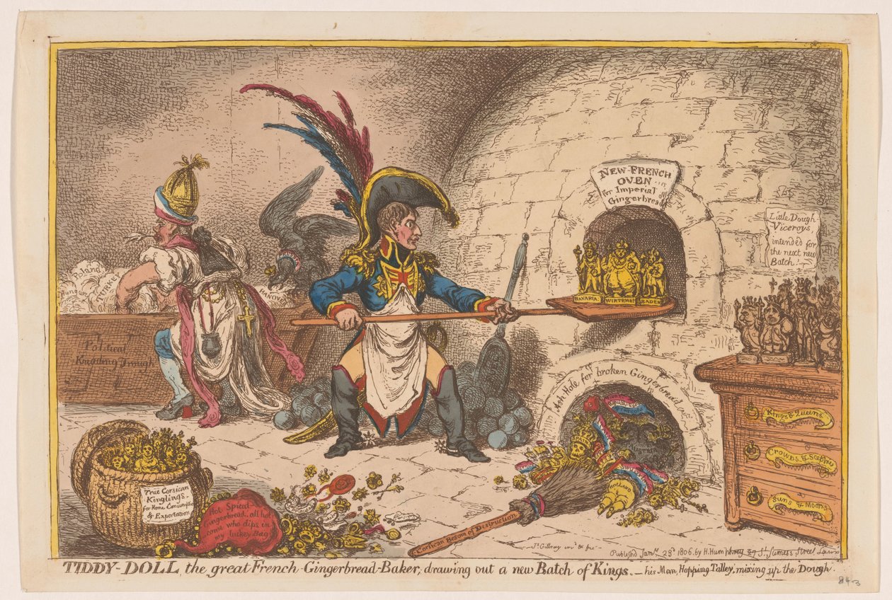 Napoleon peče novou porci králů, 1806 Tiddy-Doll, velký francouzský-perník-pekař; vylosování nové dávky králů (název na objektu) od James Gillray