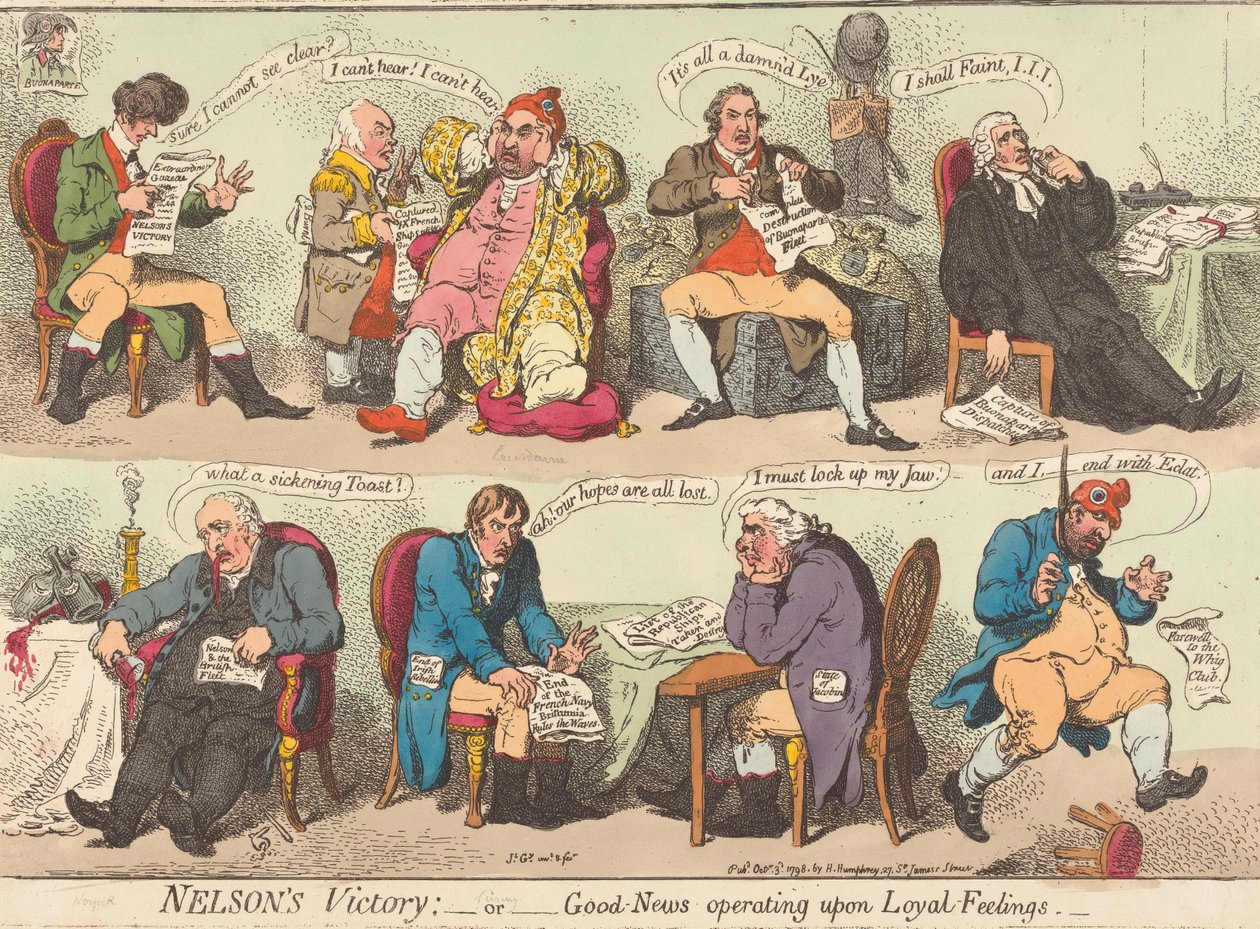 Nelsonovo vítězství: – aneb – Dobrá zpráva, která působí na loajální city od James Gillray