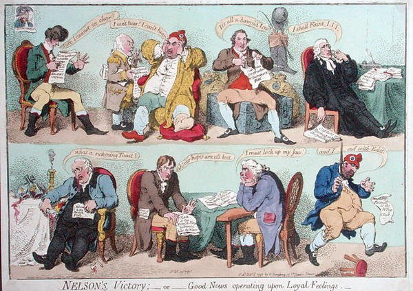 Nelsonovo vítězství nebo dobrá zpráva fungující na základě Loyal Feelings, kterou vydala Hannah Humphrey v roce 1798 (ručně kolorovaný lept) od James Gillray