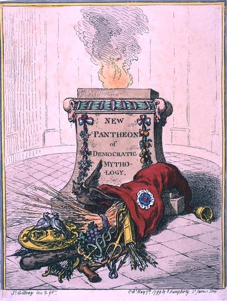 New Pantheon of Democratic Mythology, vydaný Hannah Humphrey v roce 1799 (ručně kolorovaný lept) od James Gillray