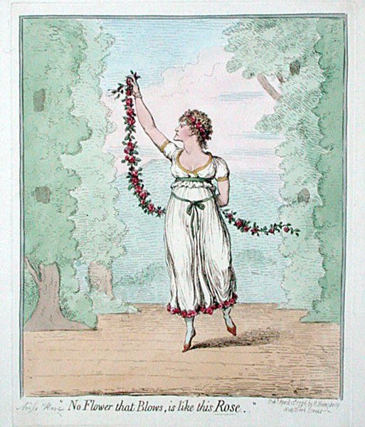 „Žádná květina, která fouká není jako tato růže“, vydala Hannah Humphrey v roce 1796 (ručně kolorovaný lept) od James Gillray