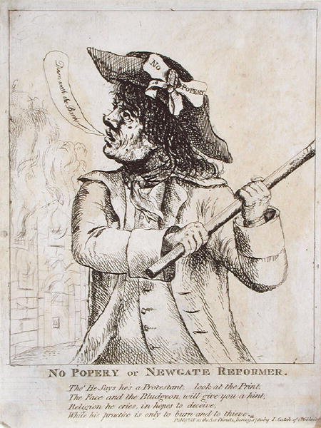 Žádný Popery, nebo Newgate Reformer: možná Ned Dennis nosí v klobouku laskavost „No Popery“ s věznicí Newgate v plamenech od James Gillray