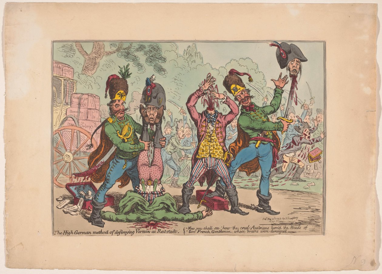 Rakouské zacházení s francouzskými vyslanci, 1799 Vysokoněmecká metoda ničení škůdců v Rat-stadt (název na objektu) od James Gillray