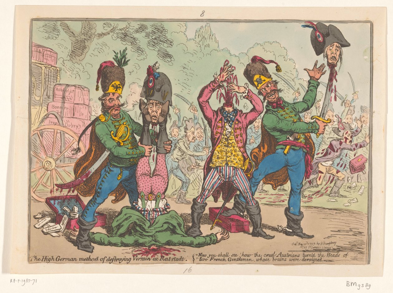 Rakouské zacházení s francouzskými vyslanci, 1799 Vysokoněmecká metoda ničení škůdců v Rat-stadt (název na objektu) od James Gillray