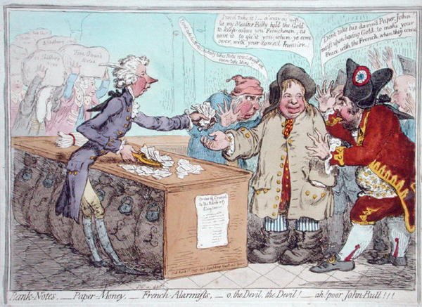 Opening of the Budget aneb John Bull dává kalhoty, aby zachránil svou slaninu, vydal Hannah Humphrey v roce 1796 (ručně kolorovaný lept) od James Gillray