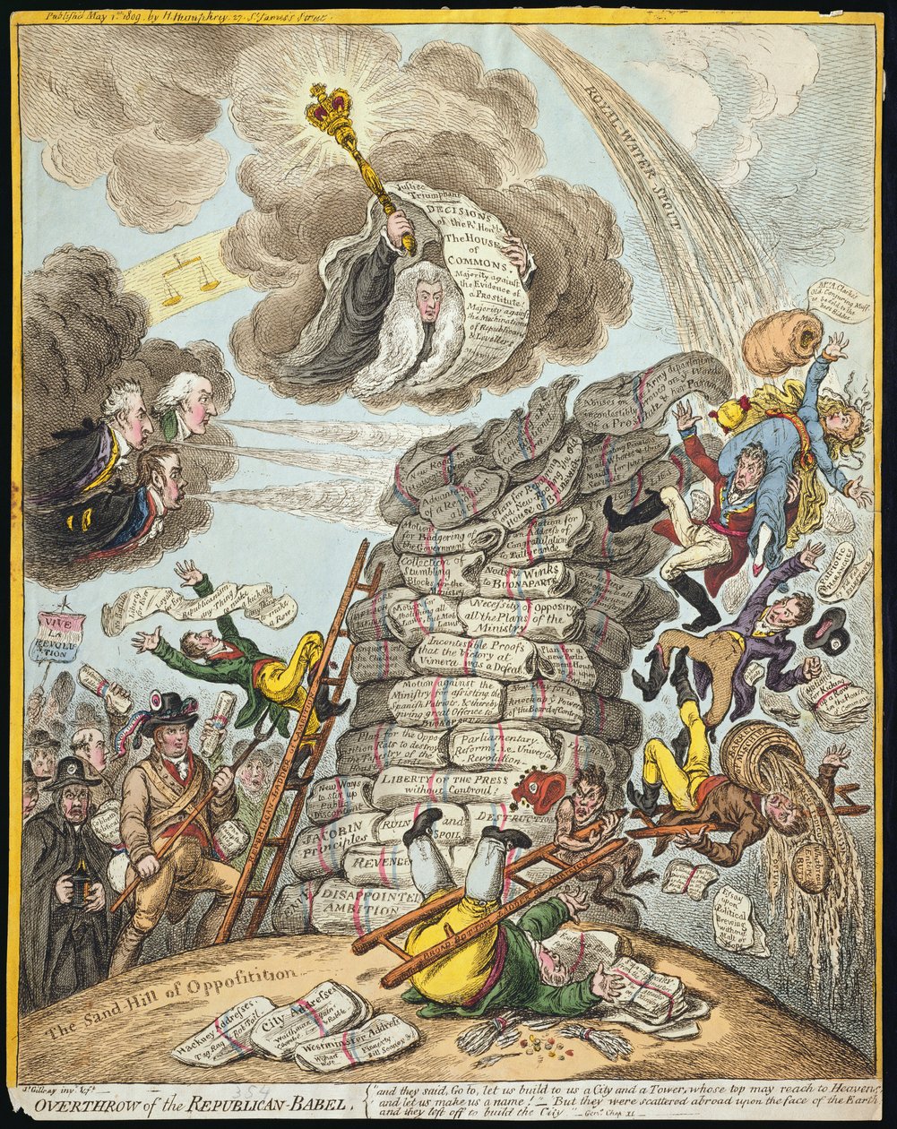 Svržení republikánského Babelu, publikovala Hannah Humphrey v roce 1809 (ručně kolorovaný lept) od James Gillray
