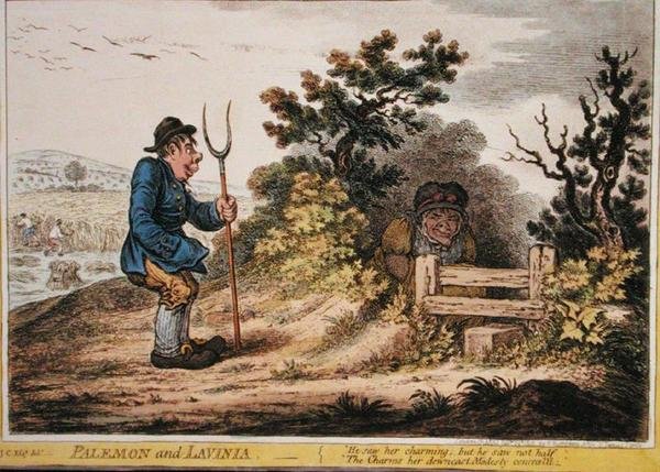 Palemon and Lavinia, publikoval Hannah Humphrey v roce 1805 (ručně kolorovaný lept) od James Gillray