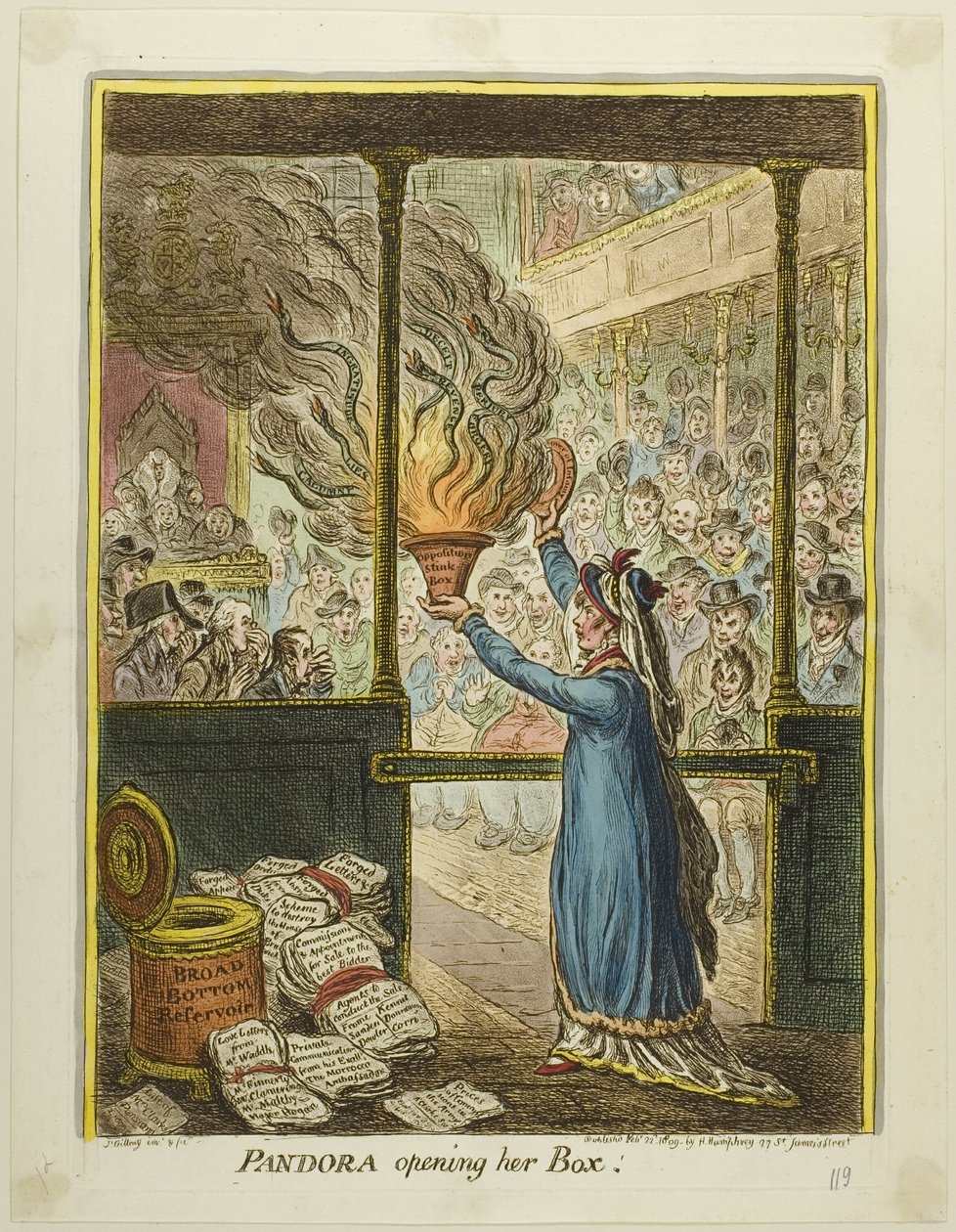 Pandora otevírá svou skříňku od James Gillray