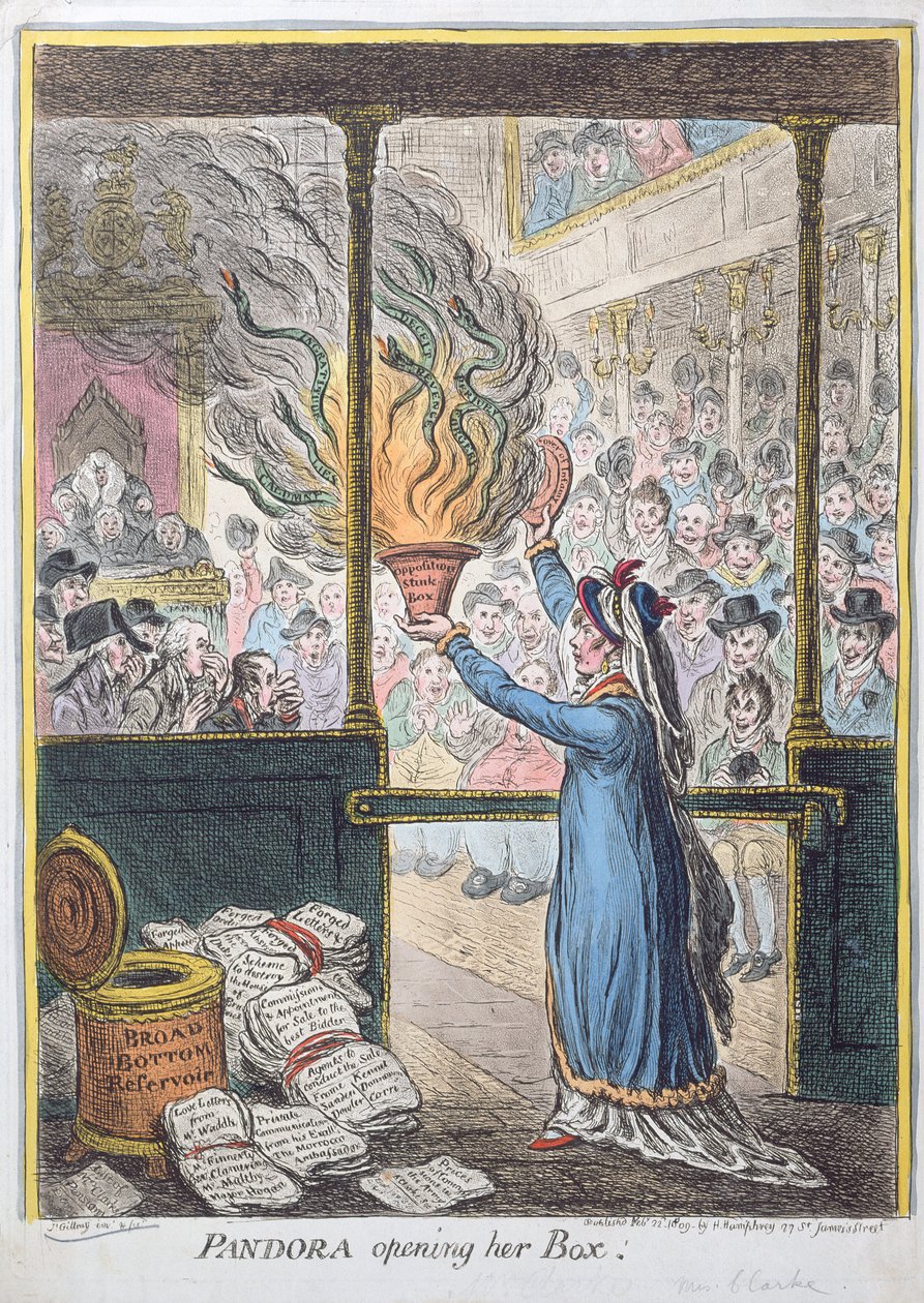 Pandora otevírá svou skříňku, vydala Hannah Humphrey, 1809 (ručně kolorovaný lept) od James Gillray