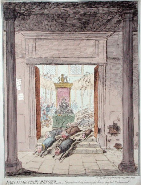 Parlamentní reforma aneb opoziční krysy opouštějící sněmovnu, kterou podkopali, publikovala Hannah Humphrey v roce 1797 (ručně kolorovaný lept) od James Gillray