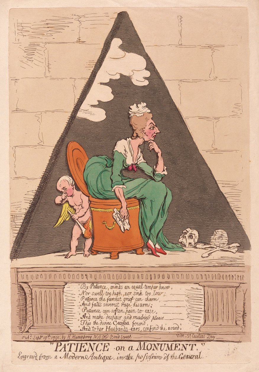 Trpělivost na pomníku, hospoda. 1791 (ručně kolorovaná rytina) od James Gillray