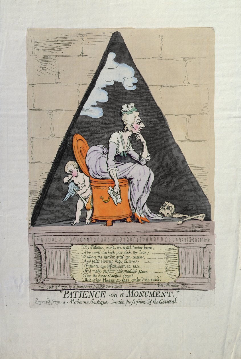 Trpělivost na pomníku, vydala Hannah Humphrey v roce 1791 (ručně kolorovaný lept) od James Gillray