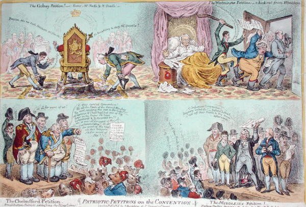 Vlastenecké petice k úmluvě, publikovala Hannah Humphrey (ručně kolorovaný lept) od James Gillray