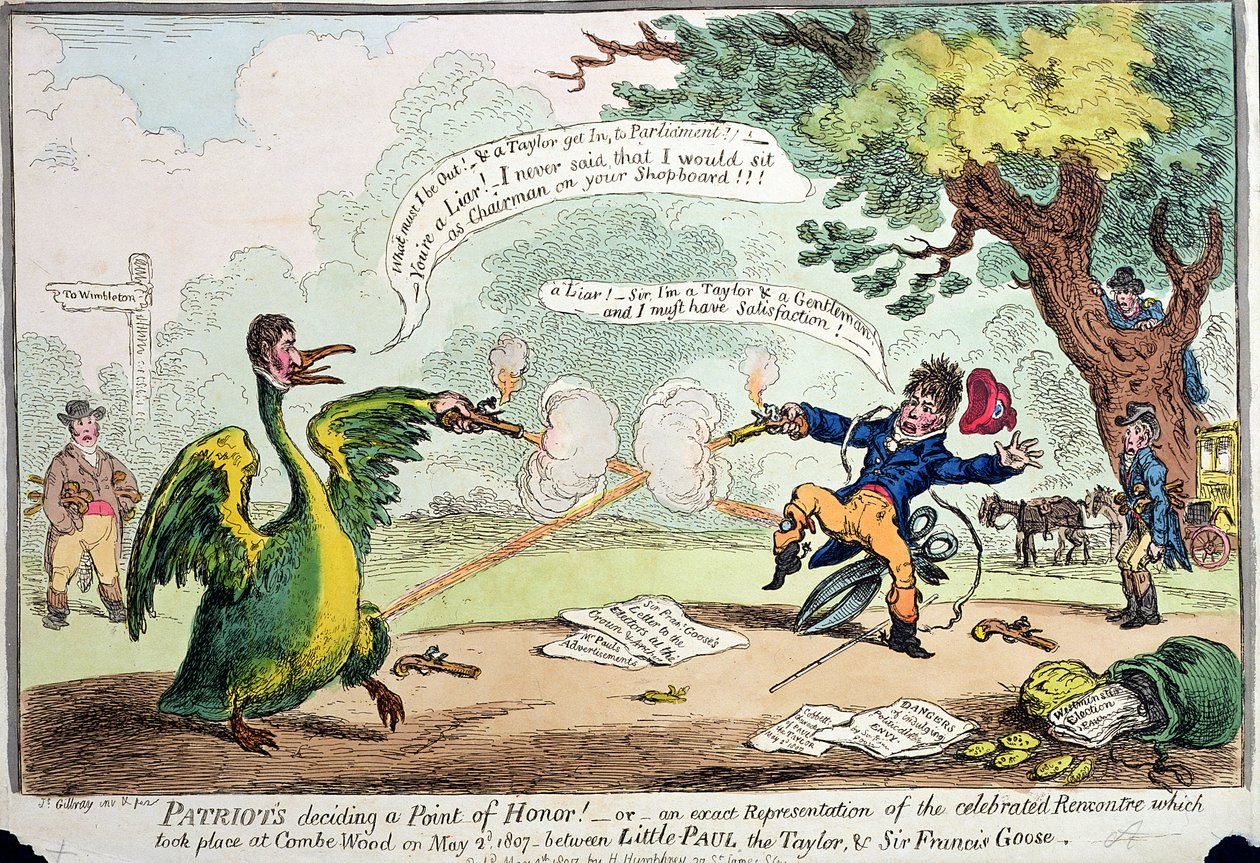 Patriots Deciding a Point of Honour! aneb Přesné vyobrazení setkání, které se odehrálo v Coombe Woodu 2. května 1807 mezi Malým Paulem Taylorem a Sirem Francisem Goosem, vydala Hannah. od James Gillray