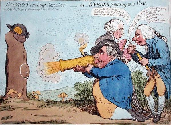 Vlastenci se baví aneb Švédové cvičící na poště, vydané Hannah Humphrey v roce 1792 (ručně kolorovaný lept) od James Gillray