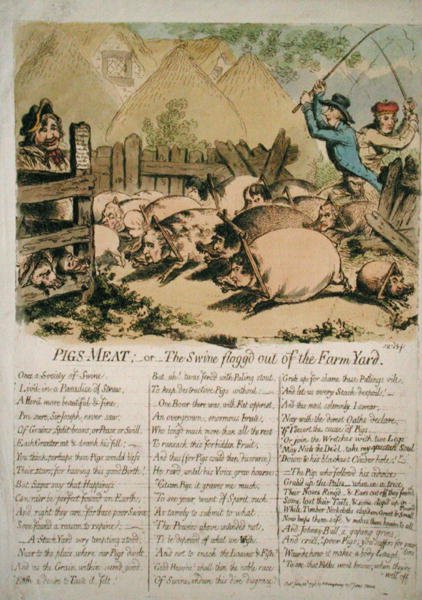 Prasečí maso aneb Svině vybičované ze dvora, vydal Hannah Humphrey v roce 1798 (ručně kolorovaný lept) od James Gillray