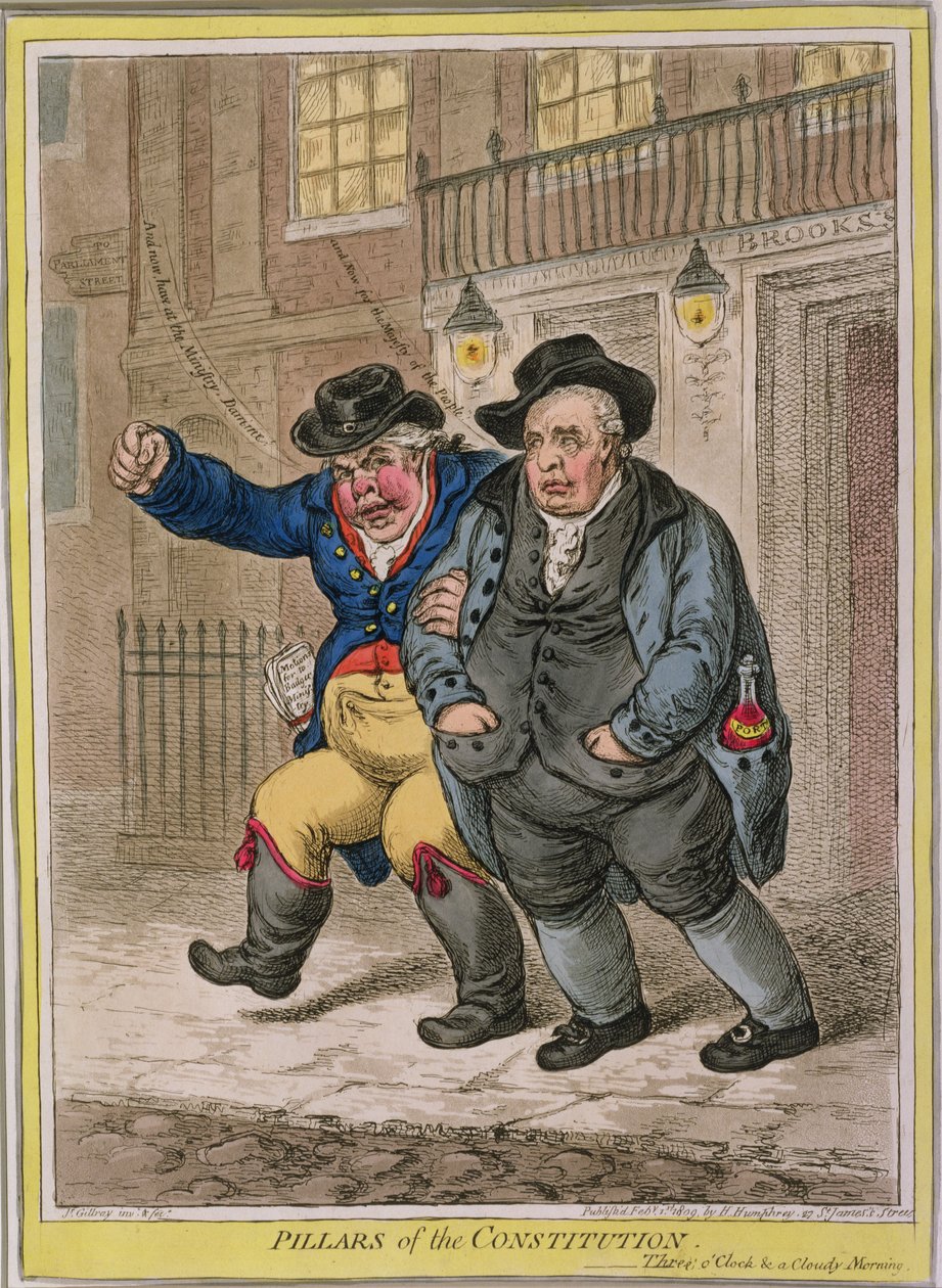 Pilíře ústavy: Tři hodiny a zamračené ráno, vydal Hannah Humphrey v roce 1809 (ručně kolorovaný lept) od James Gillray