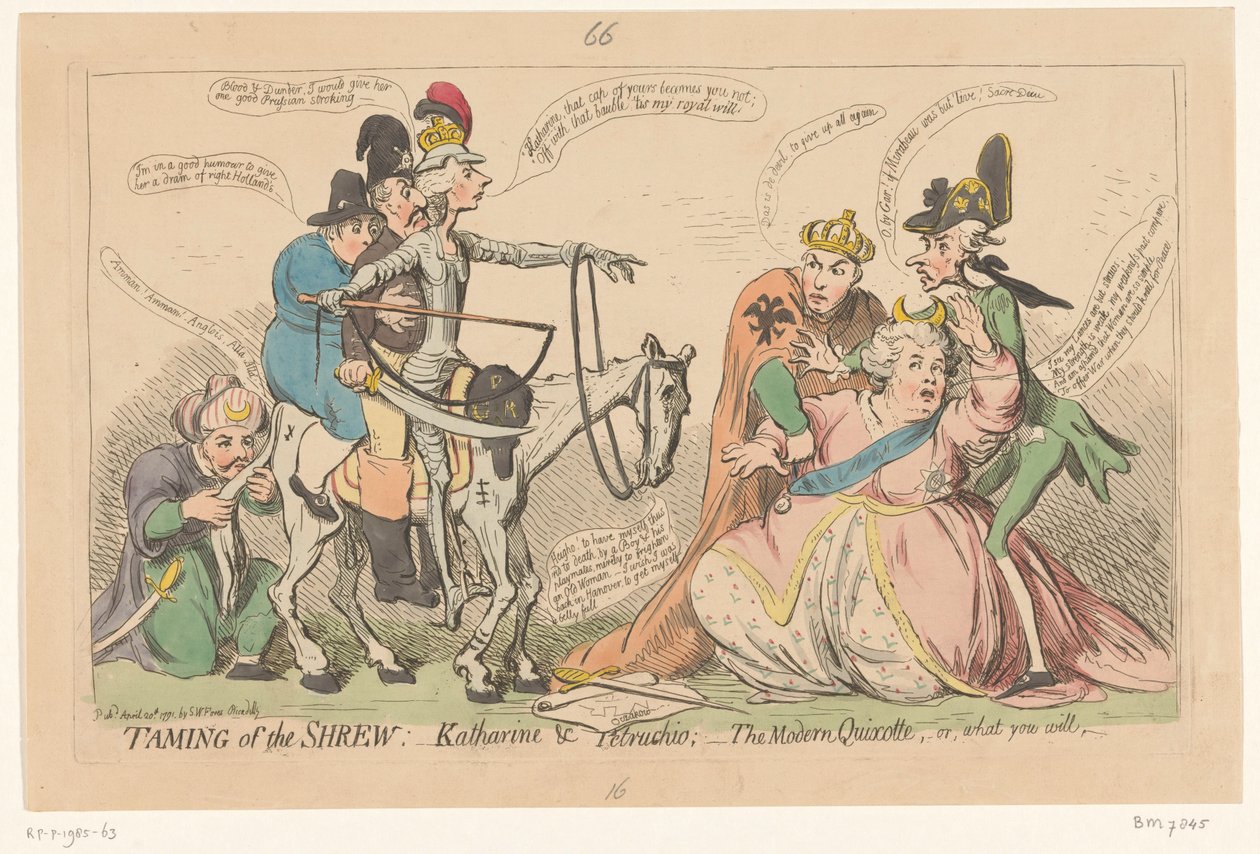 Pitt jako Don Quijote děsí Kateřinu Velikou, 1791 Zkrocení zlé ženy:- Katharine & Petruchio: - moderní Quijotte, aneb co chcete (název na předmětu) od James Gillray