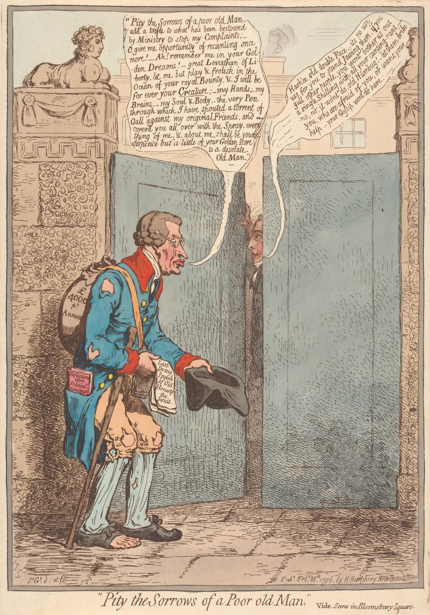 Soucit s utrpením chudého starého muže, viz scéna na Bloomsbury Square od James Gillray