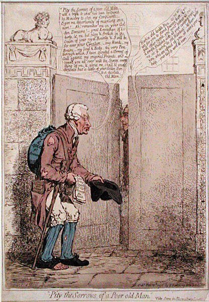 Lítost nad smutkem ubohého starce, vydala Hannah Humphrey v roce 1796 (ručně kolorovaný lept) od James Gillray