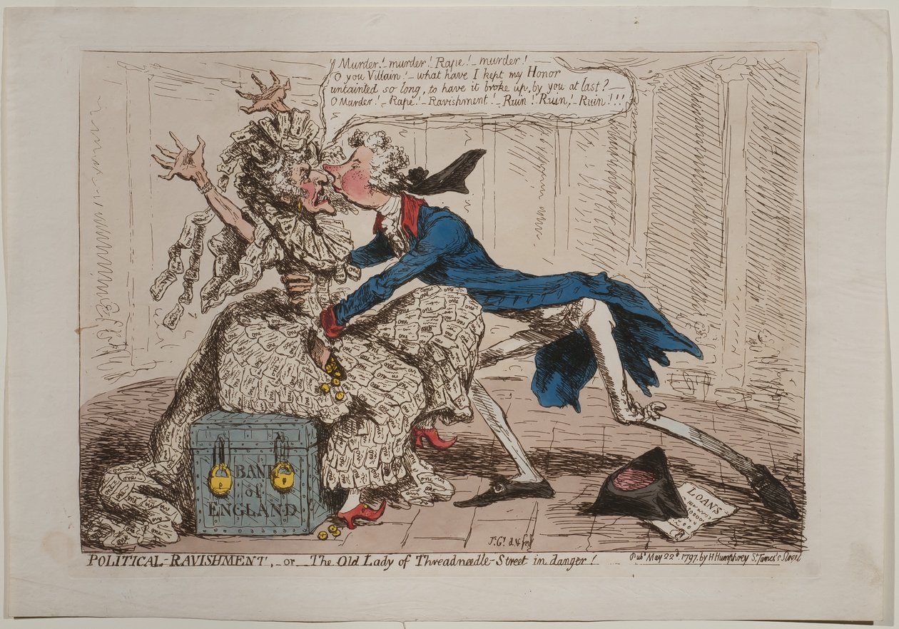 Political Ravishment, aneb Stará dáma Threadneedle Street v ohrožení!, vydal Hannah Humphrey, 1797 (ručně kolorovaný lept) od James Gillray