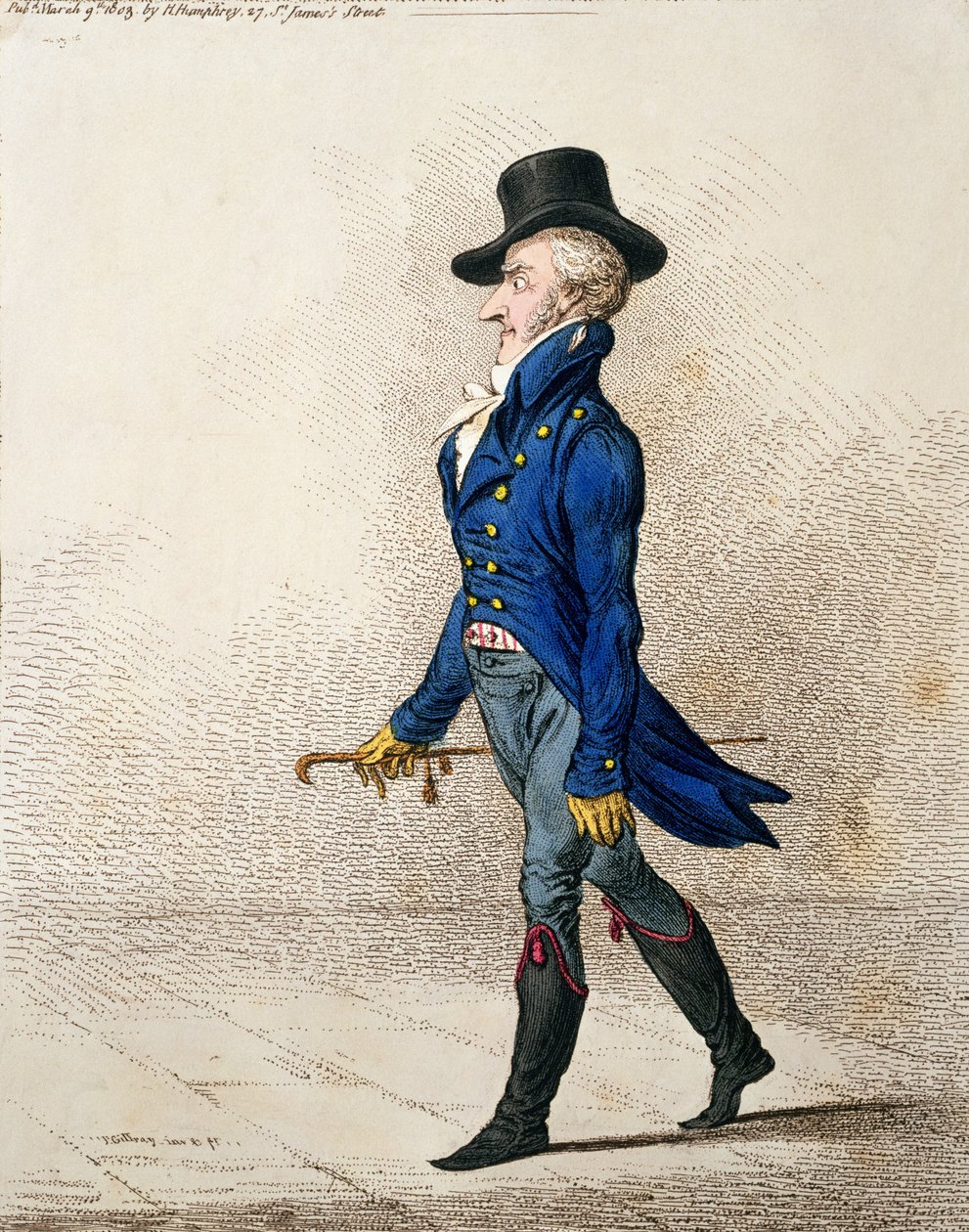 Portrait of a Man, publikovala Hannah Humphrey v roce 1803 (ručně kolorovaný lept) od James Gillray