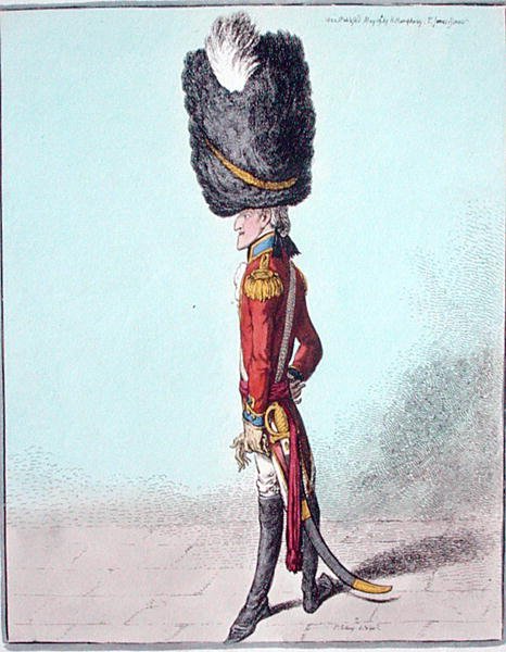 Portrét důstojníka, publikovala Hannah Humphrey v roce 1800 (ručně kolorovaný lept) od James Gillray