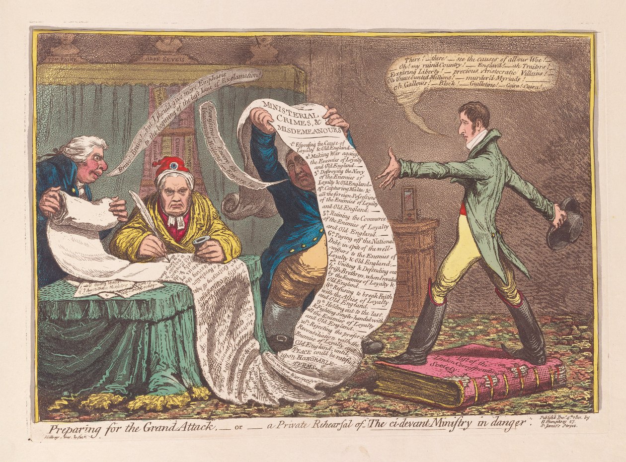 Příprava na Grand Attack aneb Soukromá zkouška The ci-devant Ministry in Danger, pub. 1801 (ručně kolorovaná rytina) od James Gillray