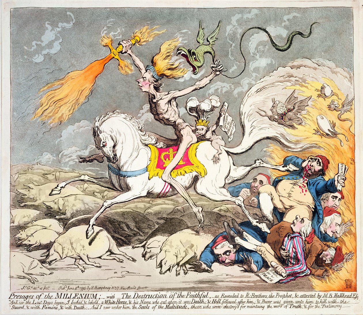 Presages of the Millennium, vydané Hannah Humphrey v roce 1795 (barevný lept, rytina a akvatinta) od James Gillray