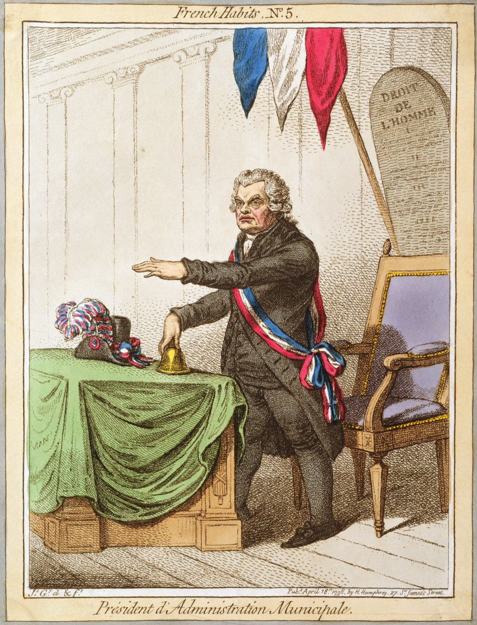 President Administration Municipale, deska 5 z French Habits vydané Hannah Humphrey v roce 1798 (barevný lept) od James Gillray