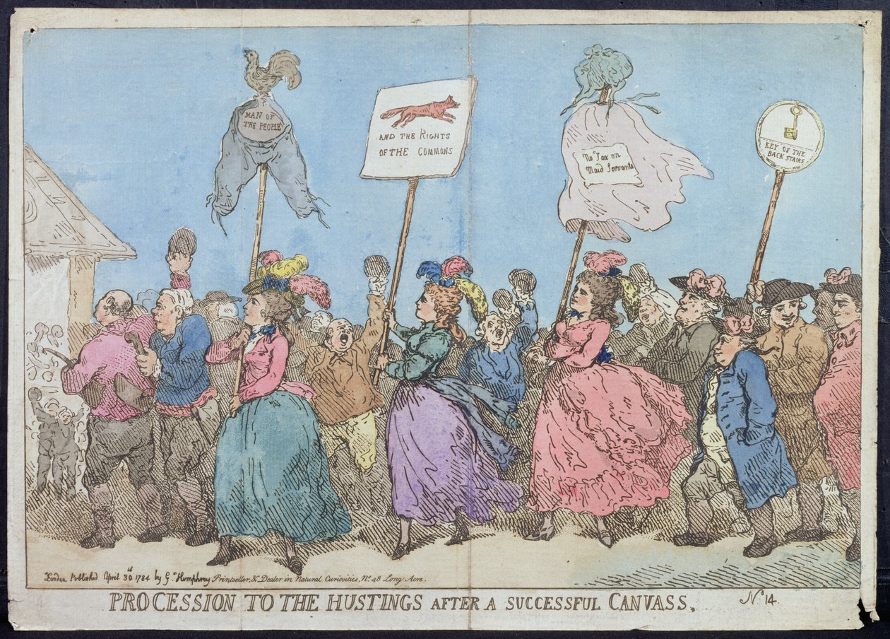 Procesí k Hustingům po úspěšném plátně, vydal G. Humphrey v roce 1784 (ručně kolorovaný lept) od James Gillray
