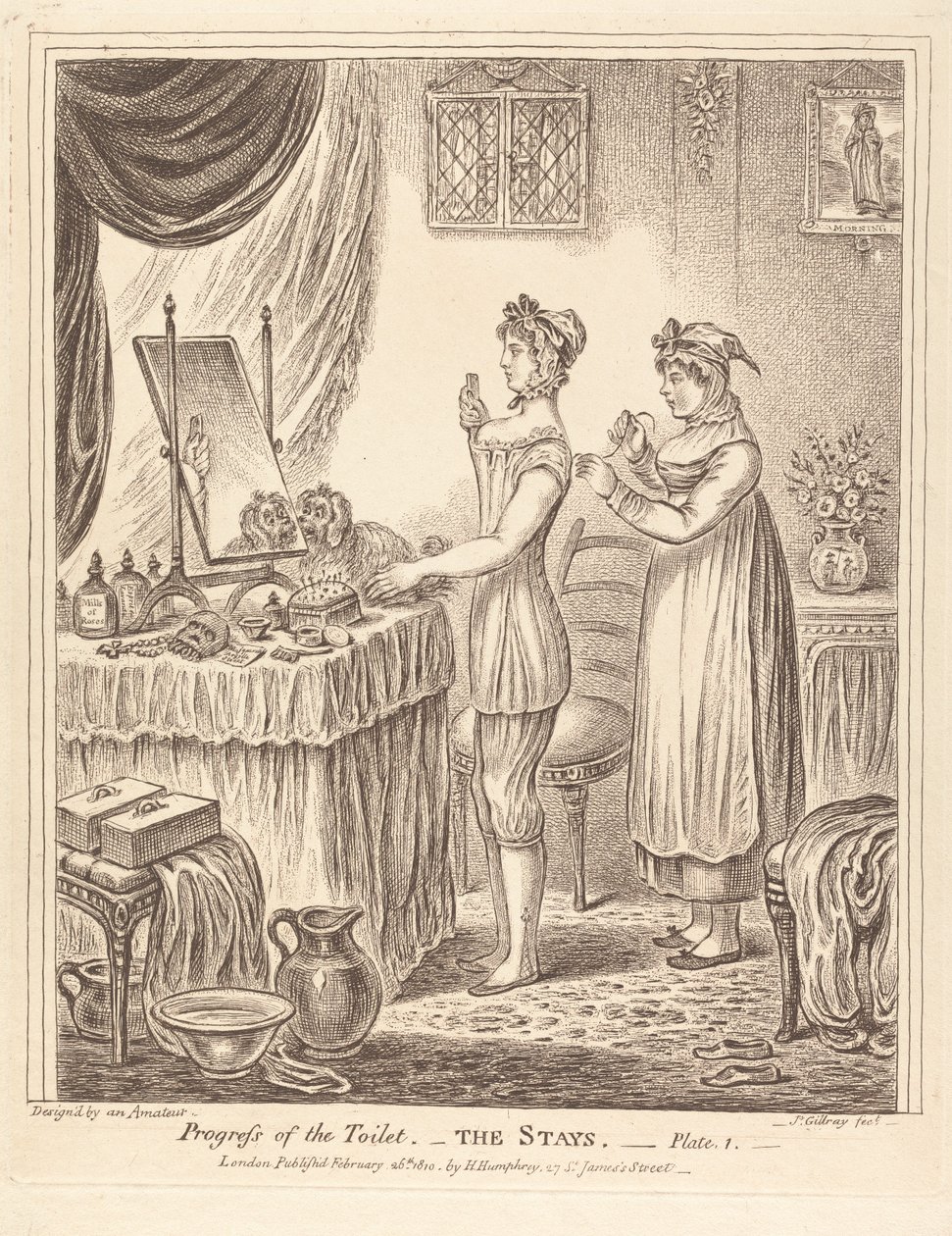 Pokrok toalety - Šněrovačka, tabule I od James Gillray