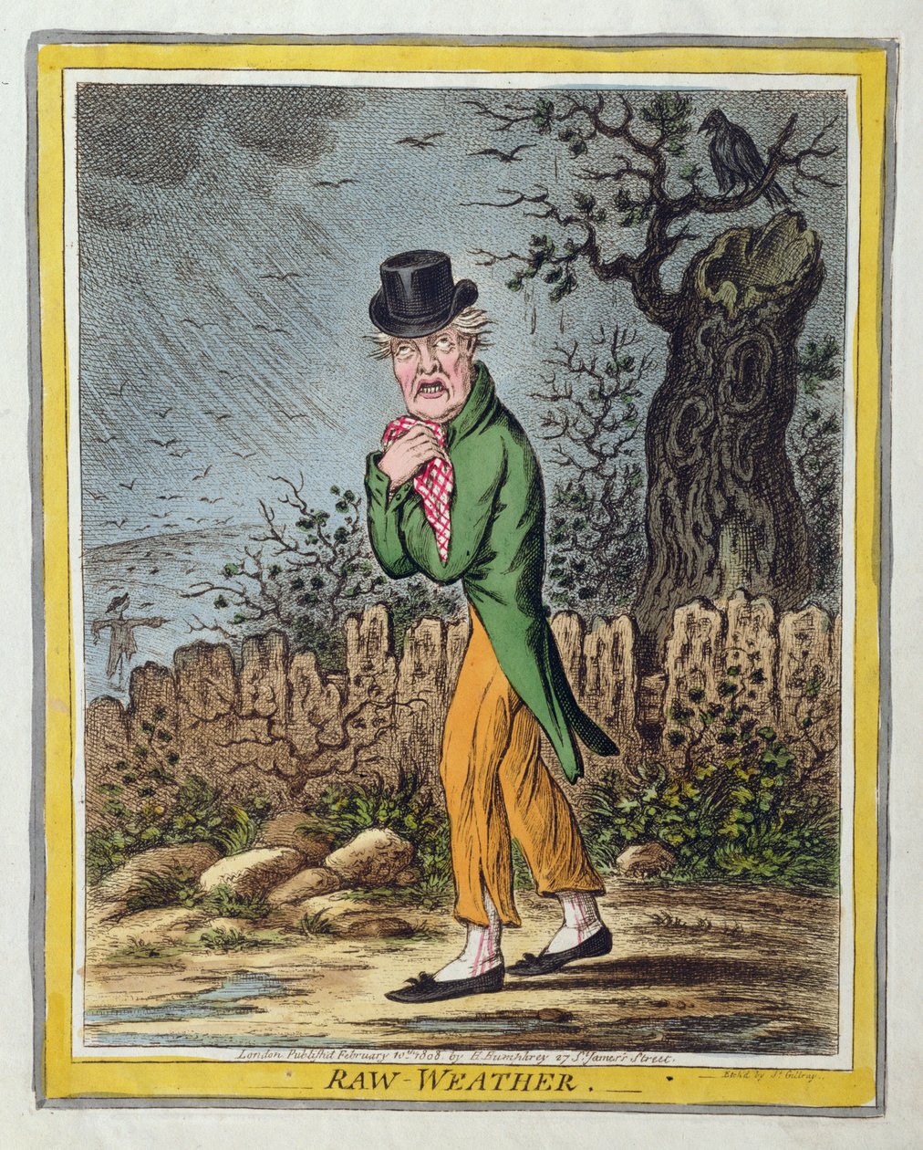 Raw Weather, vydané Hannah Humphrey v roce 1808 (ručně kolorovaný lept) od James Gillray