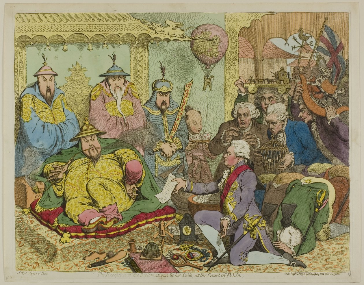 Recepce diplomata a jeho apartmá na Pekinském dvoře od James Gillray