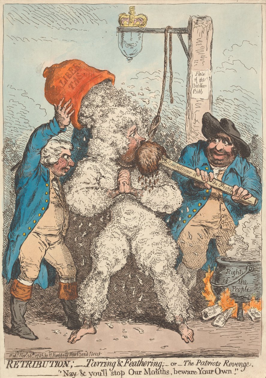 Odplata - potírání dehtem a peřím - aneb - Pomsta vlastenců - „Ne, zacpete nám ústa, střezte svá vlastní“ od James Gillray