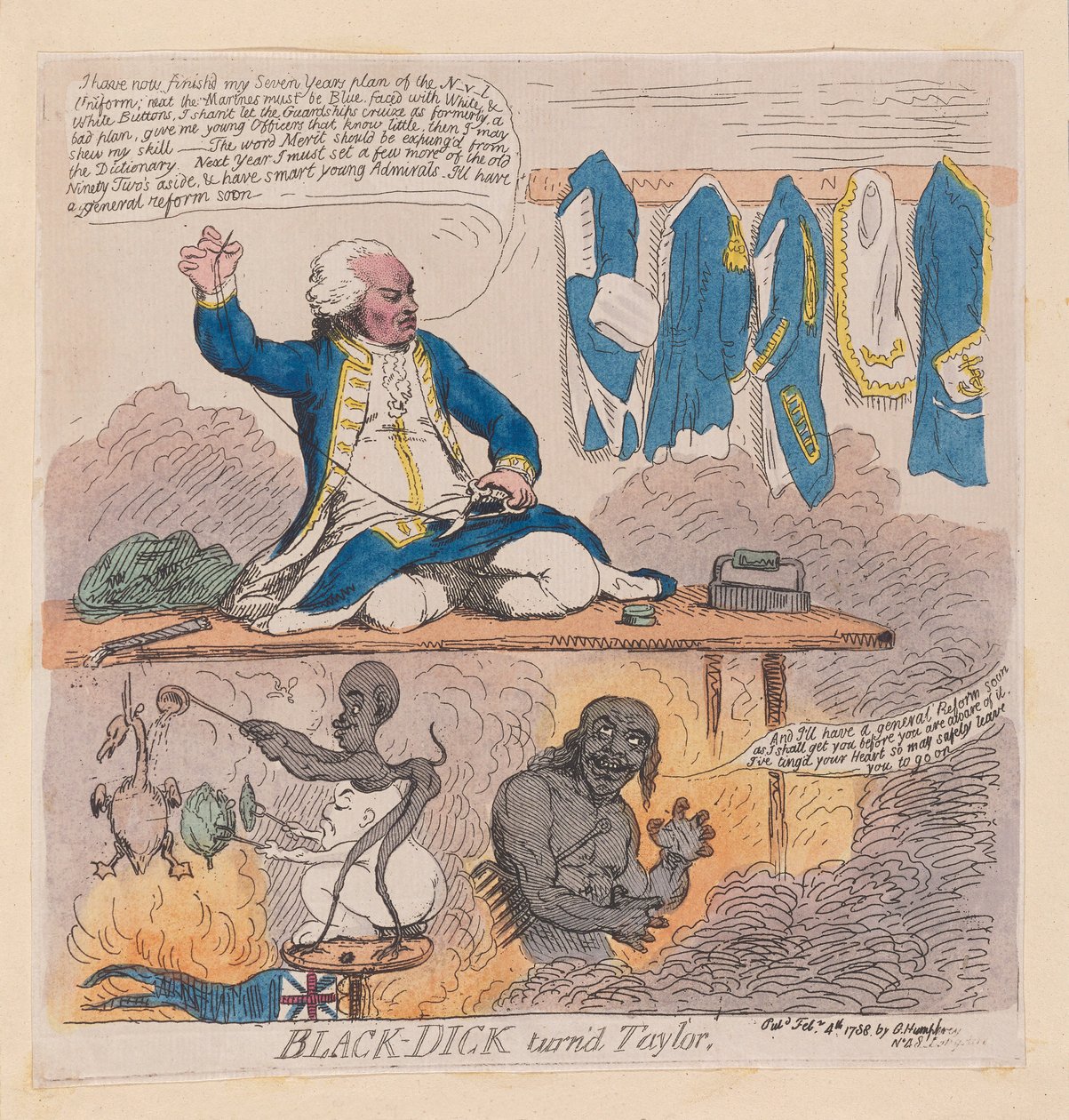 Richard Howe, 1. Earl Howe (Black-Dick se stal taylorem), hospoda. 1788 (ručně kolorovaná rytina) od James Gillray