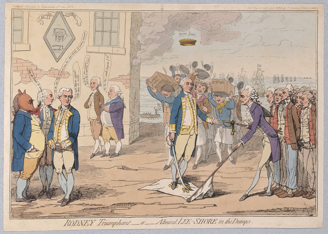 Rodney Triumphant or Admiral LeeShore in the Dumps, pub 1782 (ručně kolorovaná rytina) od James Gillray