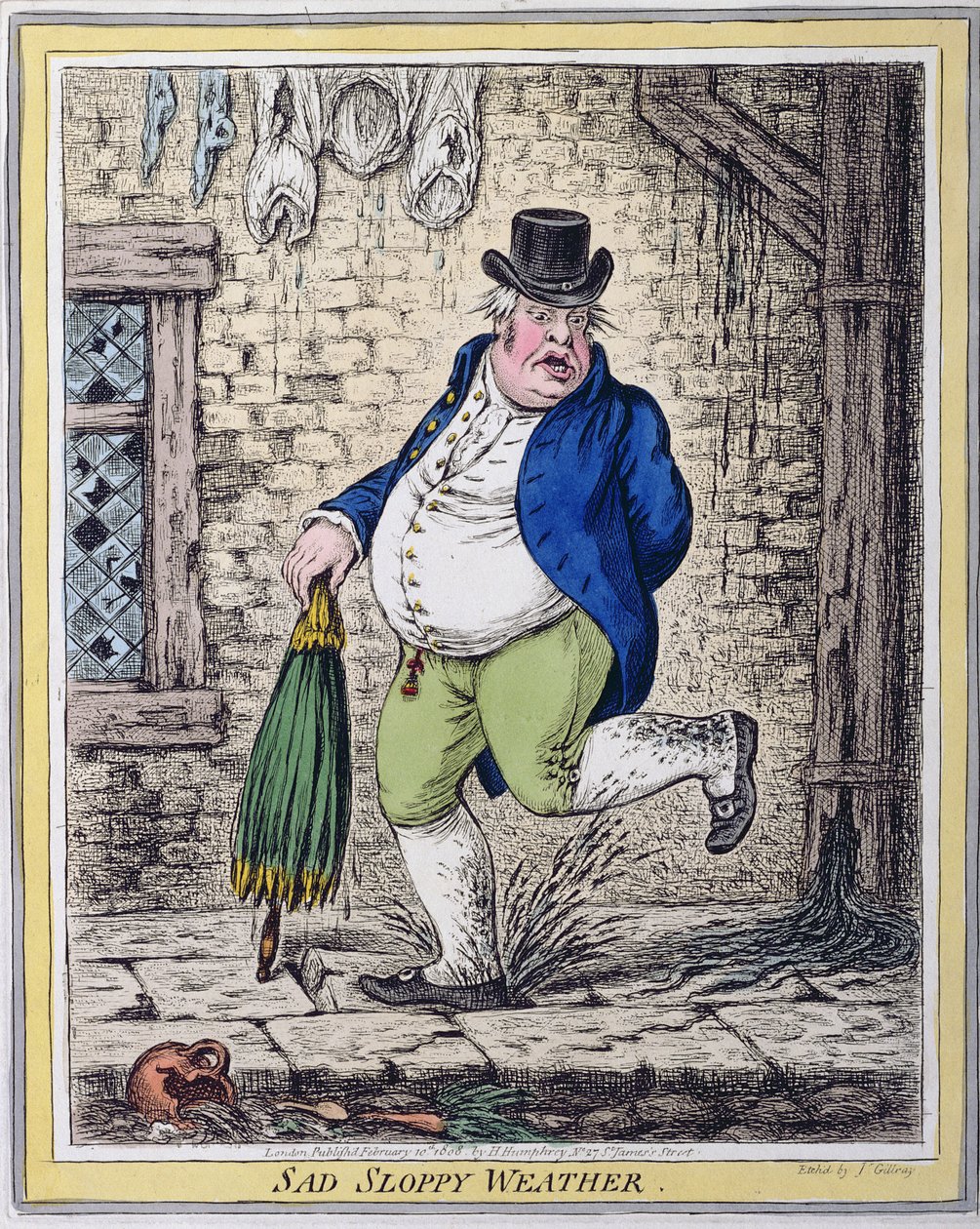 Sad Sloppy Weather, vydané Hannah Humphrey v roce 1808 (ručně kolorovaný lept) od James Gillray