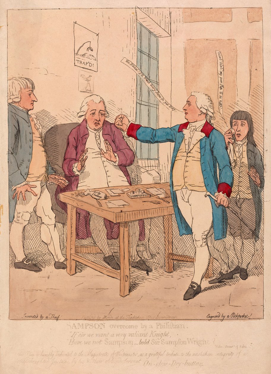 Sampson překonán Filištínem, hospoda. 1782 (ručně kolorovaná rytina) od James Gillray