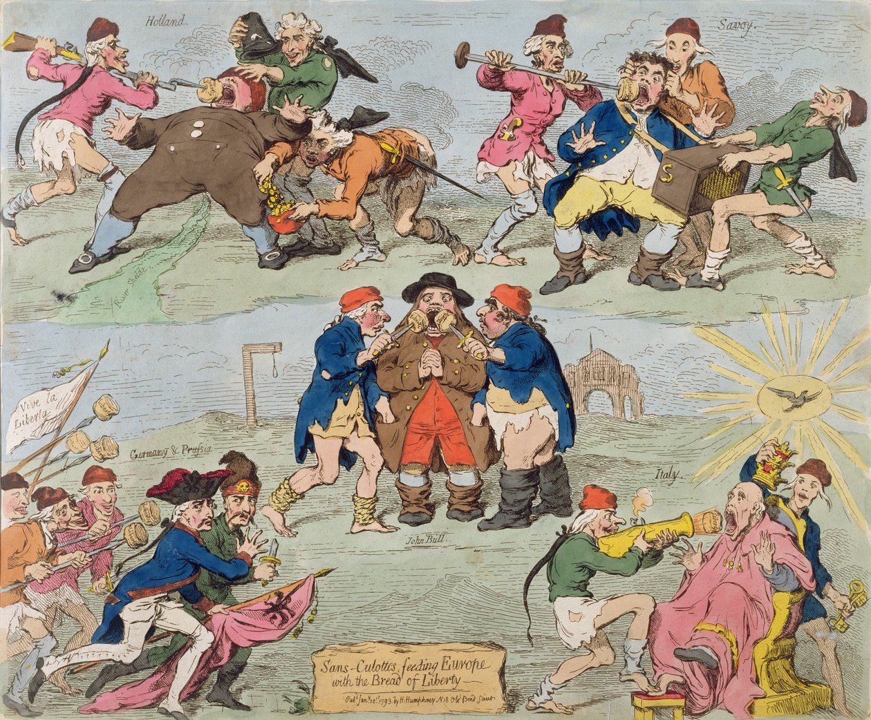 Sans-Culottes Feeding Europe with the Bread of Liberty, vydala Hannah Humphrey v roce 1793 (ručně kolorovaný lept) od James Gillray