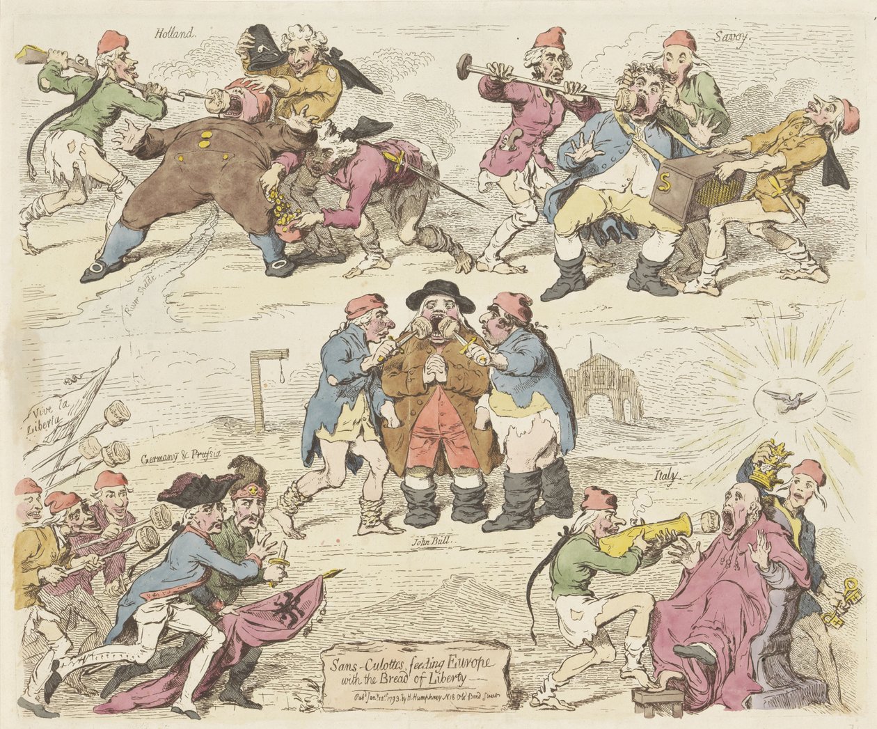 Sans-culottes krmí Evropu chlebem svobody, 1793 Sans-culottes, krmení Evropy chlebem svobody (název na předmětu) od James Gillray