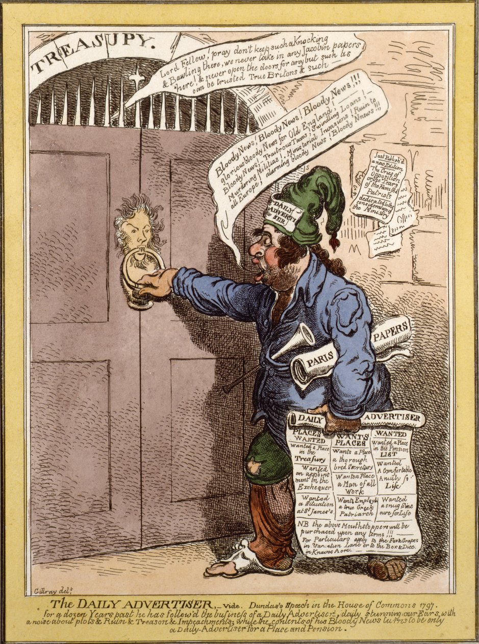 Satirická karikatura v Daily Advertiser o Dundasově projevu v Dolní sněmovně, 1797 od James Gillray