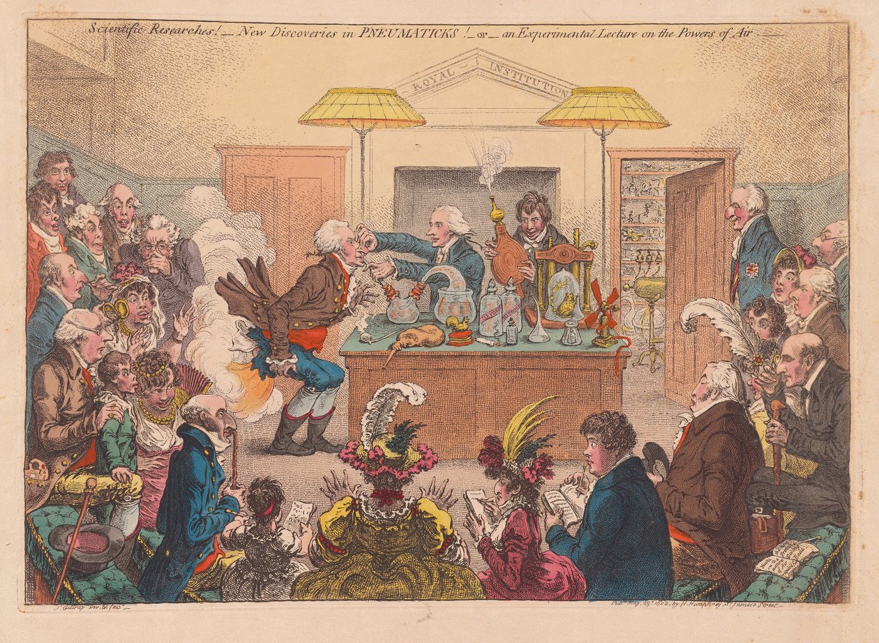 Vědecké výzkumy! Nové objevy v pneumatice! Nebo Experimentální přednáška o Powers osf Air, hospoda. 1802 (ručně kolorovaná rytina) od James Gillray