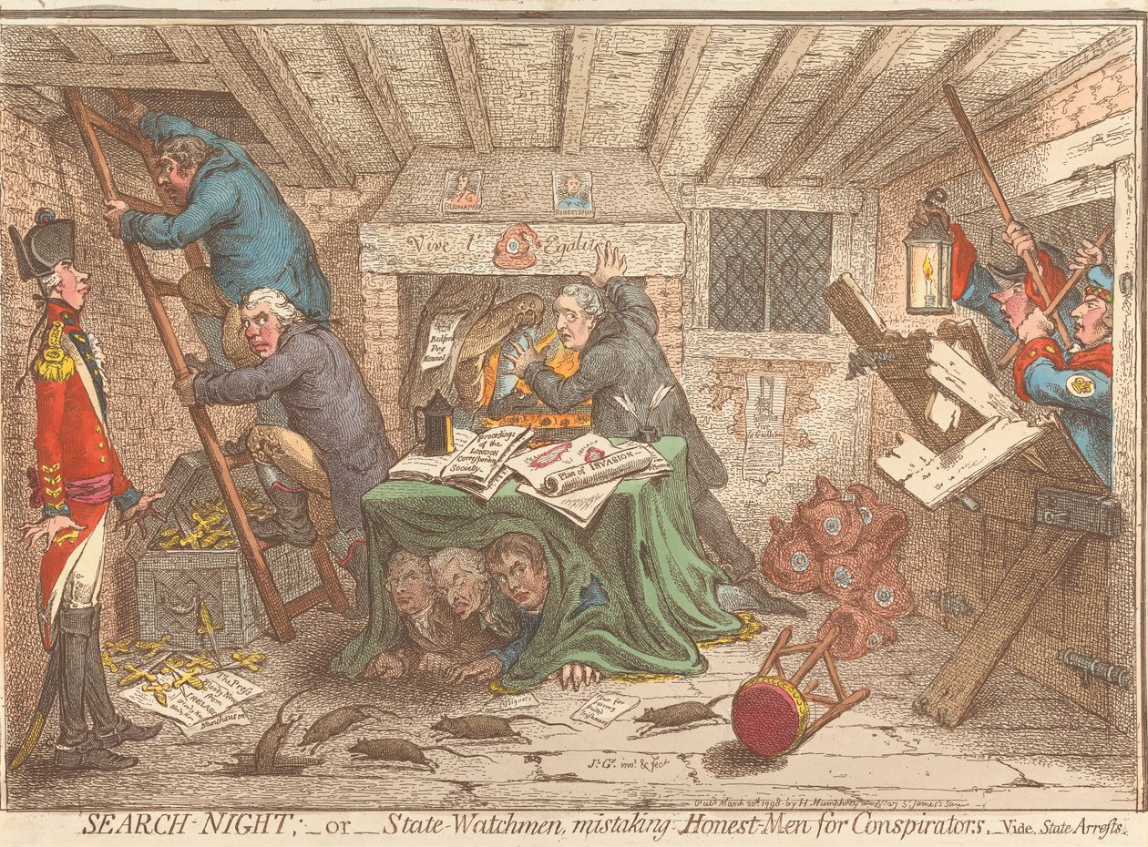 Noc prohlídek - aneb - Státní strážci zaměňující poctivé muže za spiklence - Viz státní zatčení od James Gillray