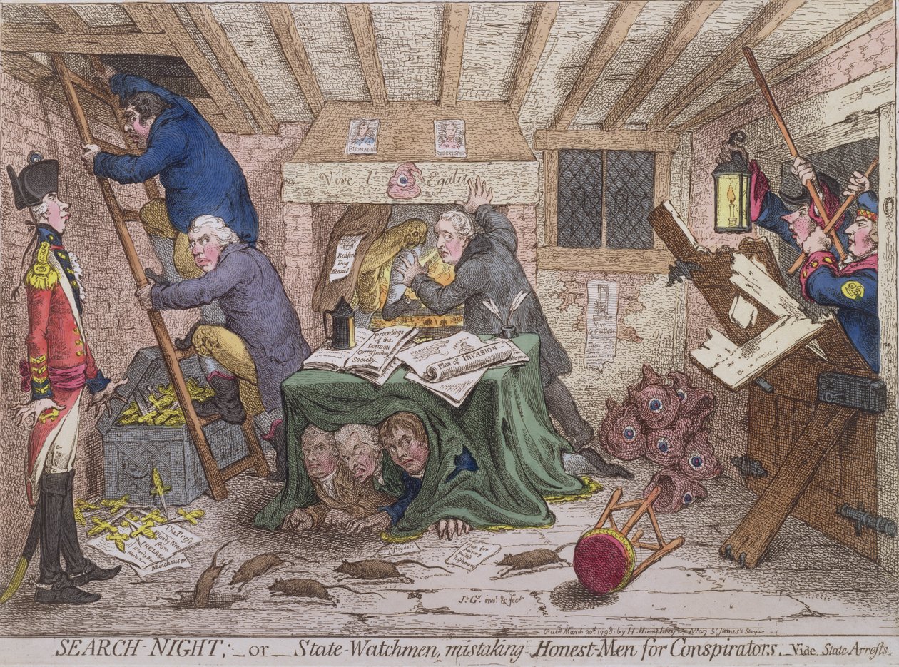 Search Night, aneb The State Watchmen Mistaking Honest-men for Conspirators, vydané Hannah Humphrey v roce 1798 (ručně kolorovaný lept) od James Gillray