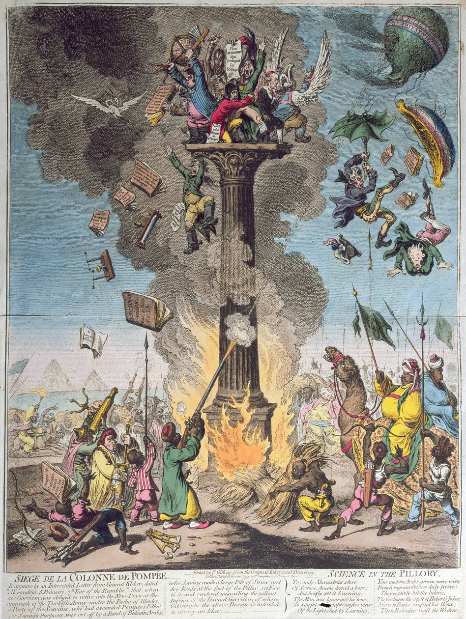 Siege de la Colonne de Pompee, aneb Věda v pranýři, vydal H. Humphrey v roce 1799 (lept, rytina a wc) od James Gillray